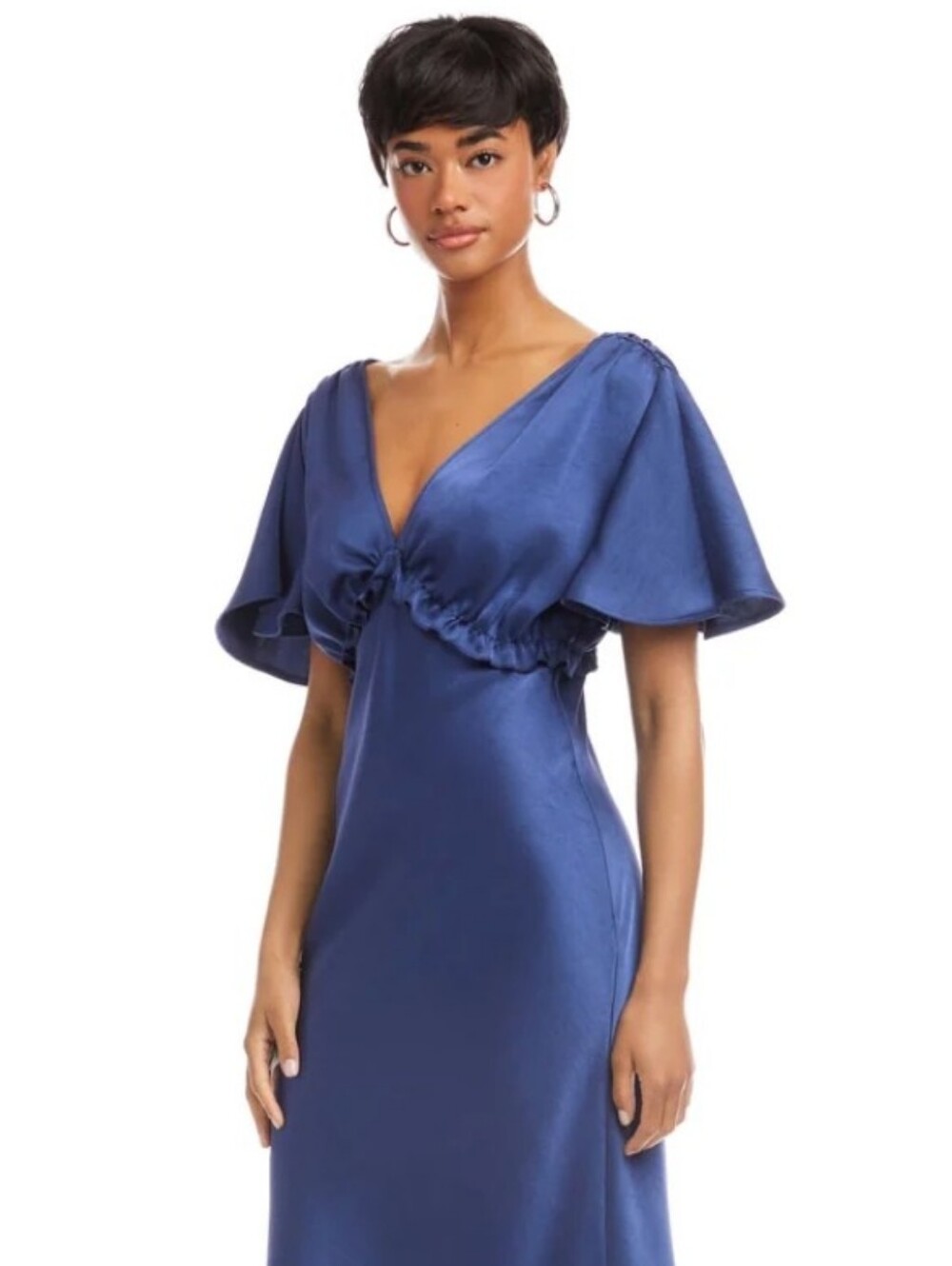 Y2k Bridesmaid Dress Day Satin Flutter-Sleeve V-Neck Midi Blue Wedding Prom Nwt